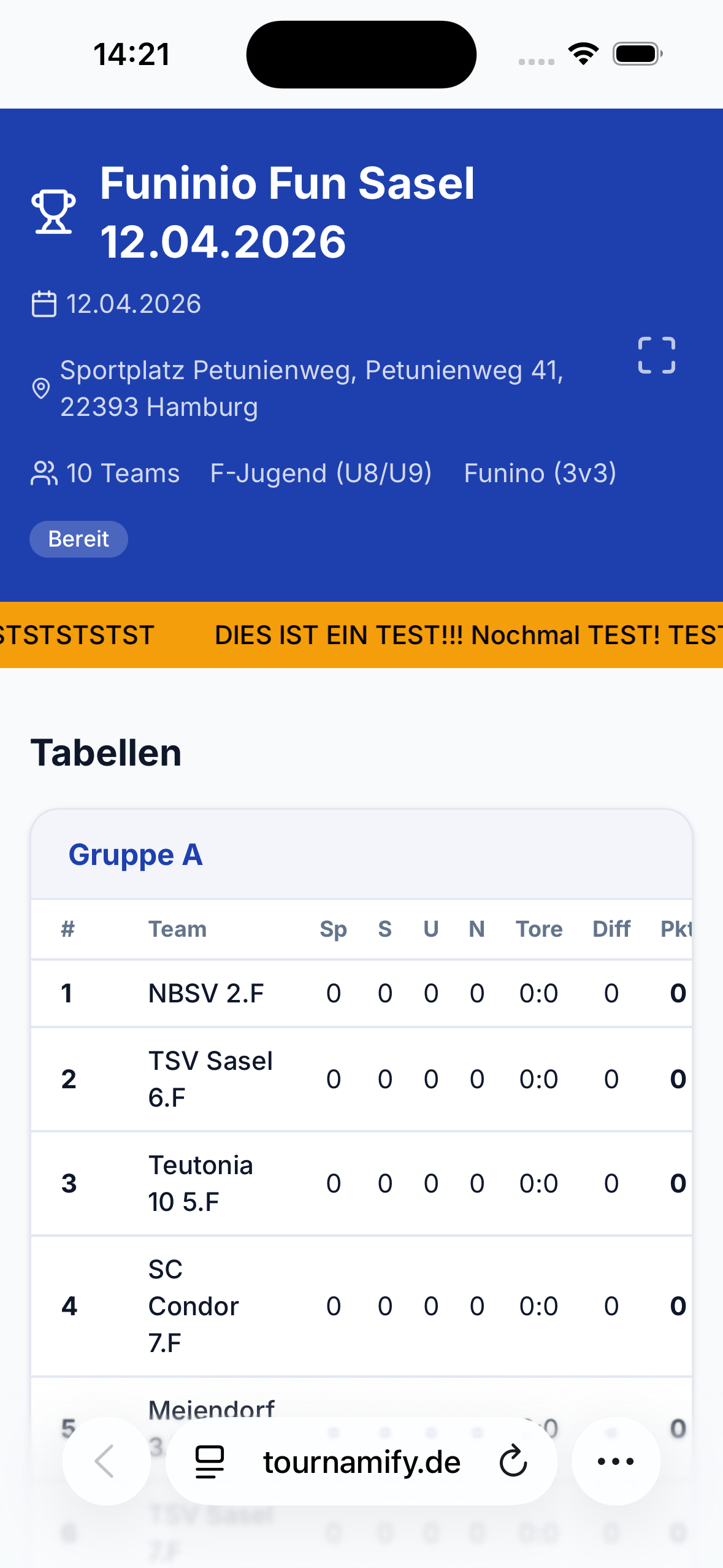 Live Ansicht der Turnierergebnisse